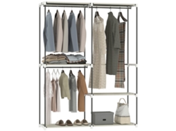 Armário de Roupa Aberto 142x43x185 Cm Armário para Roupas com 4 Prateleiras de Tecido 3 Barras para Pendurar Creme Ge