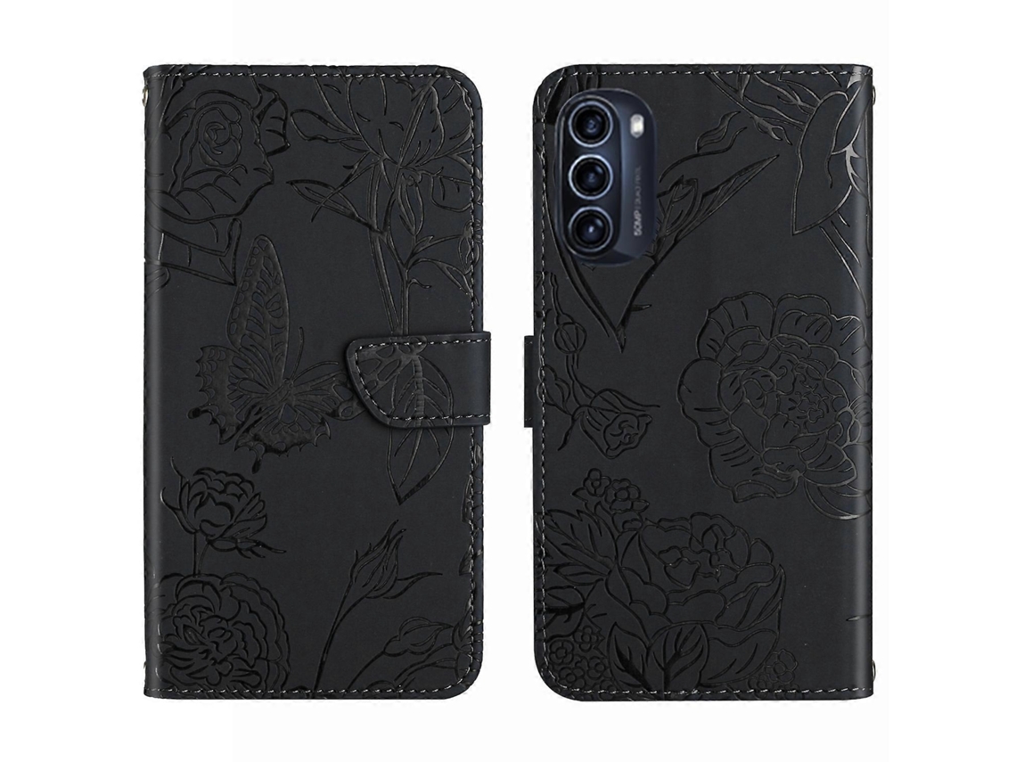 Capa De Celular Em Couro Sintético Com Textura De Borboleta E Peônia Para Motorola Moto G52j 5g.