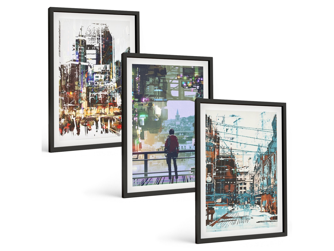 Quadros Decorativos Para Parede Cidades Modernas, Figuras Coloridas Moldura Preta Pinturas De Quarto Espelharte (3 Piezas De 40x60 Cm)