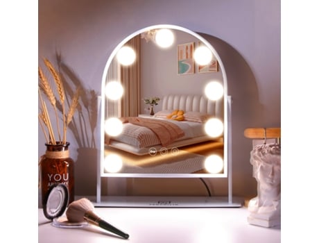 Espelho De Maquiagem Fenchilin Vanity Com 9 Lâmpadas Led Luzes Arcado Mesa De Metal Branco (25 X 30 Cm)