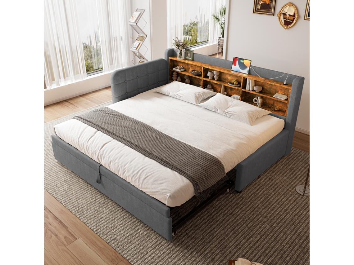Sofá Cama 90x200cm Com Usb E Type C Prateleiras Cinza