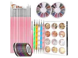 Kit de Design de Unhas com 15 Pincéis, Ferramenta de Pontilhado, Foil, Fita e Strass Coloridos