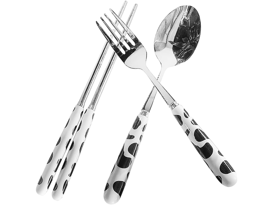 Kit de Talheres Portáteis Inoomp em Aço Inoxidável para Camping, com Design de Vaca Fofa. Inclui Garfo, Colher e CHABERLU