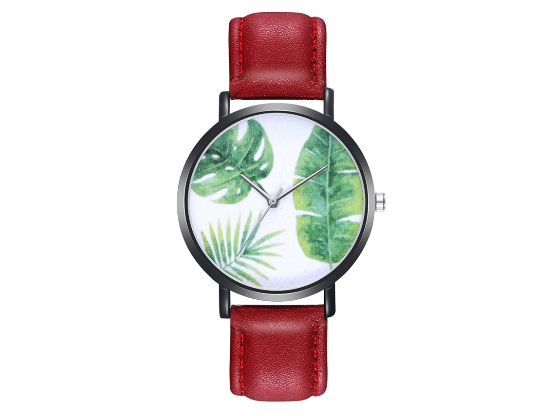 Relógio de quartzo unissex com pulseira de couro PU, estampa de folha verde (vermelho)