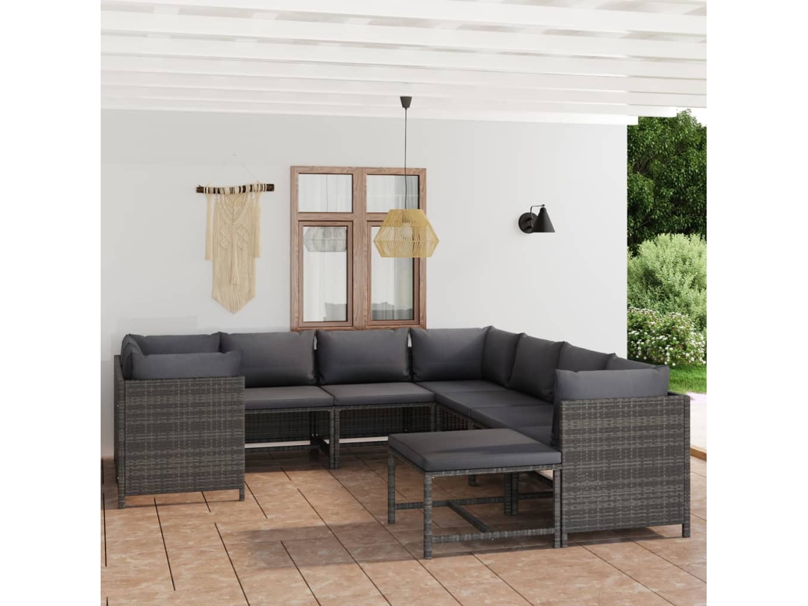 Vidaxl 9 Pcs Conjunto Lounge De Jardim C/ Almofadões Vime Pe Cinzento