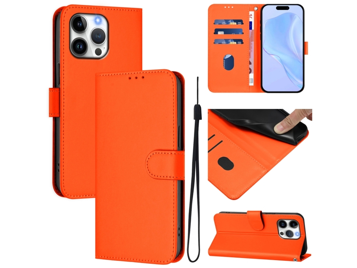 Capa De Couro Sintético Para Iphone 16 Pro Max - Toque Suave - Cor Sólida - Com Cordão