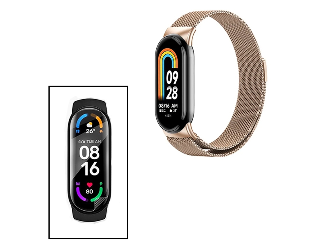 Kit Bracelete Milanese Loop Fecho Magnético Película Protectora Ecrã Gel Full Cover Compativel com Xiaomi Smart Band 9 Rosa