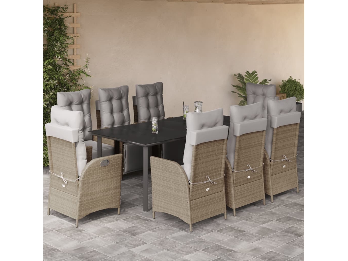 Conjunto 9 Peças Jantar Jardim C/ Almofadões Vime Pe Bege Misturado Dkd Home Decor
