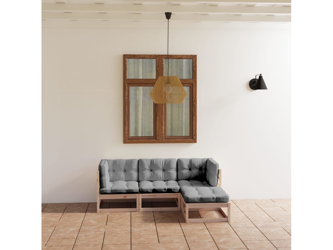 4 Pcs Conjunto Lounge De Jardim C/ Almofadões Pinho Maciço Dkd Home Decor