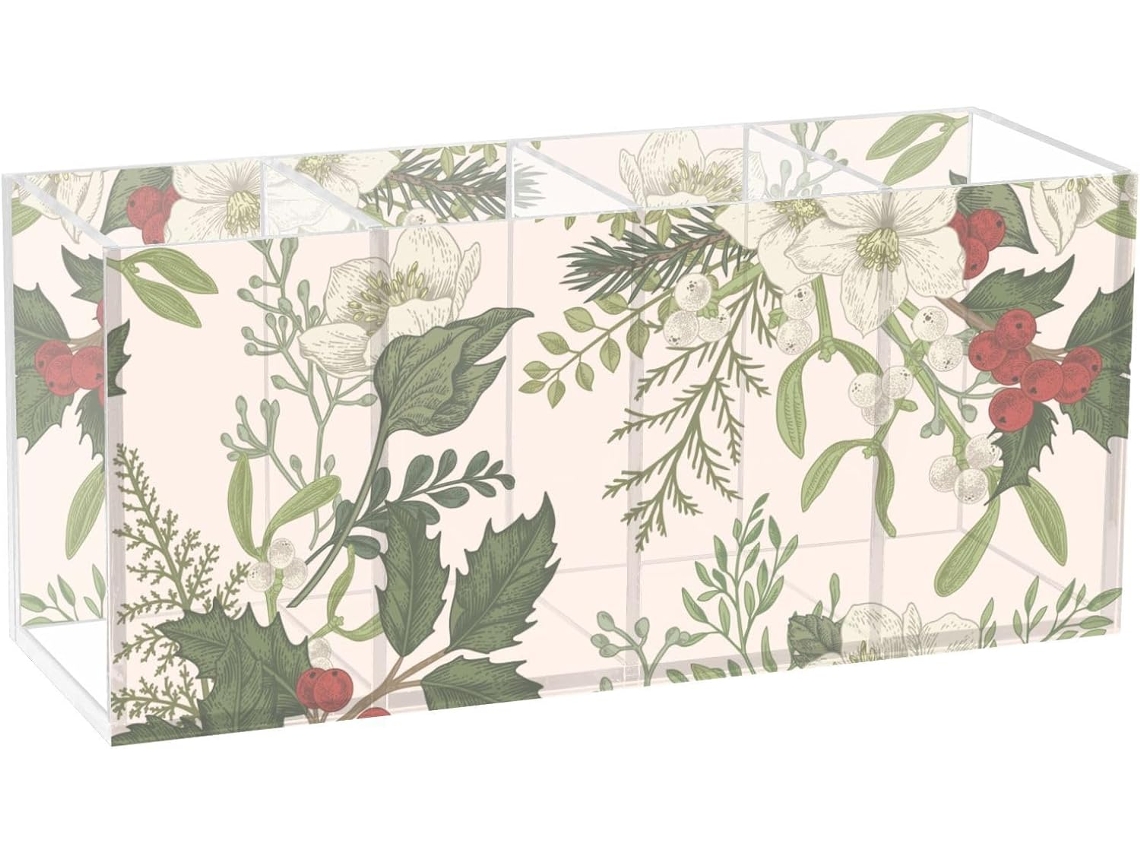 Porta lápis Acrílico Frodotgv, Estampa Floral Natalina, Material Escolar, Organizador Transparente com 4 Compa