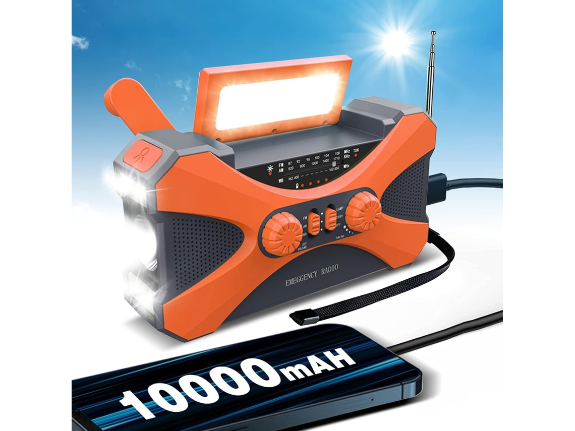 Rádio Portátil de Emergência com Energia Solar, Bateria de 10, 000mah, Recarregável Via Usb com Manivela, Am/fm AQUAFORGE