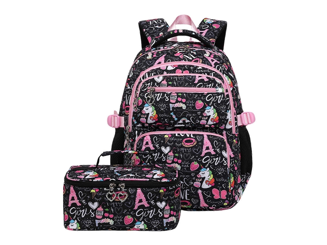 Conjunto De 2 Mochilas Escolares Grandes Com Lancheira Para Estudantes Do Ensino Fundamental (preto)