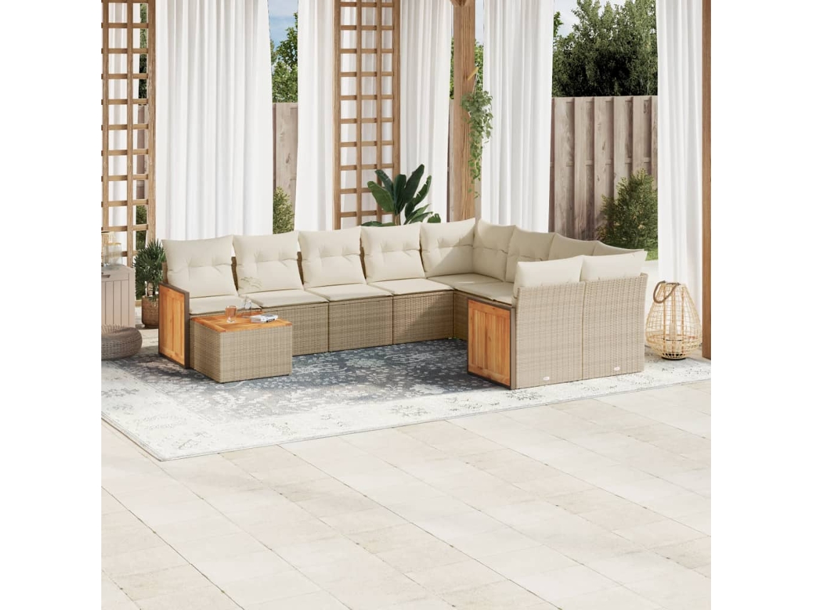 Vidaxl 10 Pcs Conjunto De Sofás P/ Jardim Com Almofadões Vime Pe Bege
