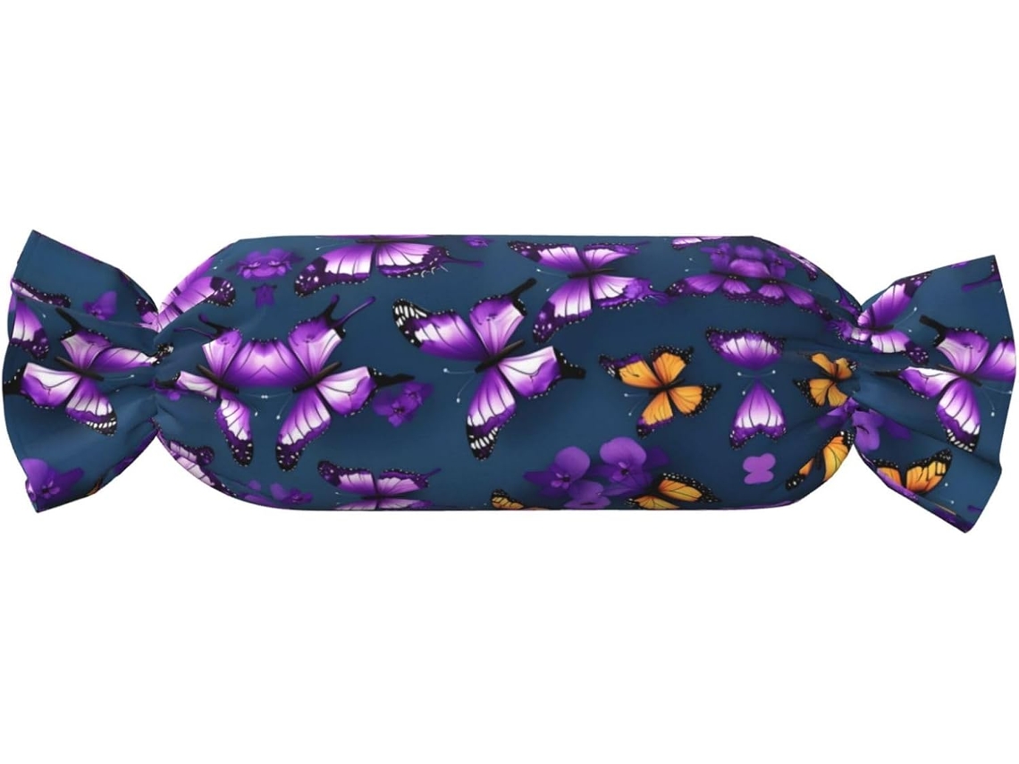 Linda Almofada Cilíndrica Formato de Doce com Estampa Borboleta Roxa 100 % Poliéster Ideal para Viagens, Casa