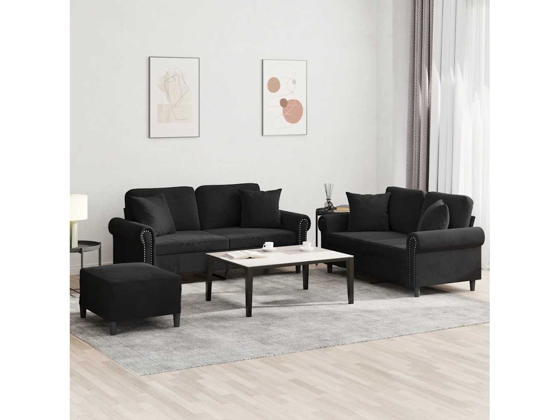 Vidaxl 3 Pcs Conjunto De Sofás Com Almofadas Veludo Preto