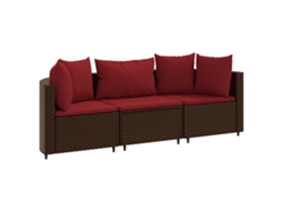 Conjunto 3 sofás de jardim com almofadões VIDAXL vime PE castanho