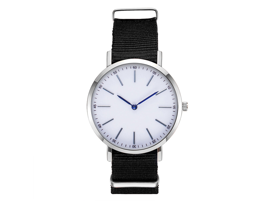 Relógio masculino de quartzo com pulseira de nylon, mostrador redondo, elegante e casual, preto.