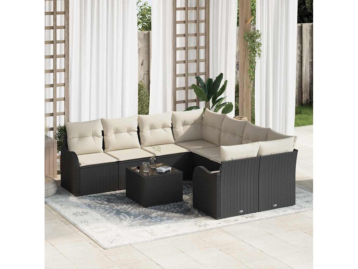 Vidaxl Conjunto De Sofá De Jardim Com Almofada 9 Pcs Preto E Creme