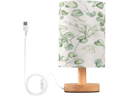 Abajur De Cabeceira Led Com Estampa Folha Verde, Ideal Para Quarto, Leitura Com Cúpula De Tecido, Base De Madeira E