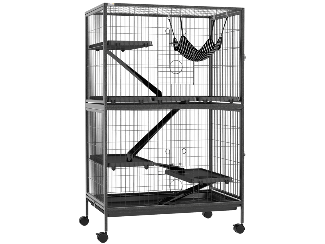 Gaiola para Roedores 80x52x128 Cm Casa de 4 Alturas com Rampas Suspensa Rede Bandeja Removível Rodas Cinza Escuro Ge
