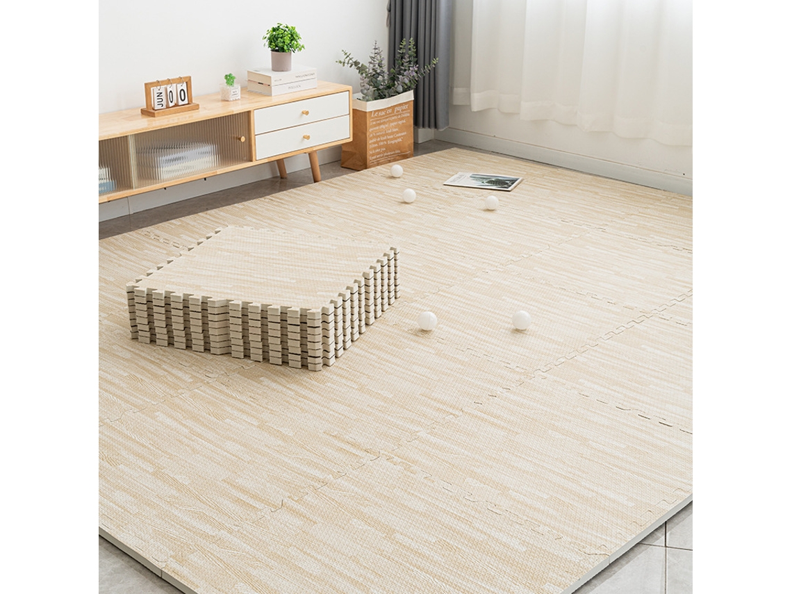 Chrui Jump Mat - 12 Peças Para O Chão Com Encaixe E Borda, Estampa Madeira - Branco