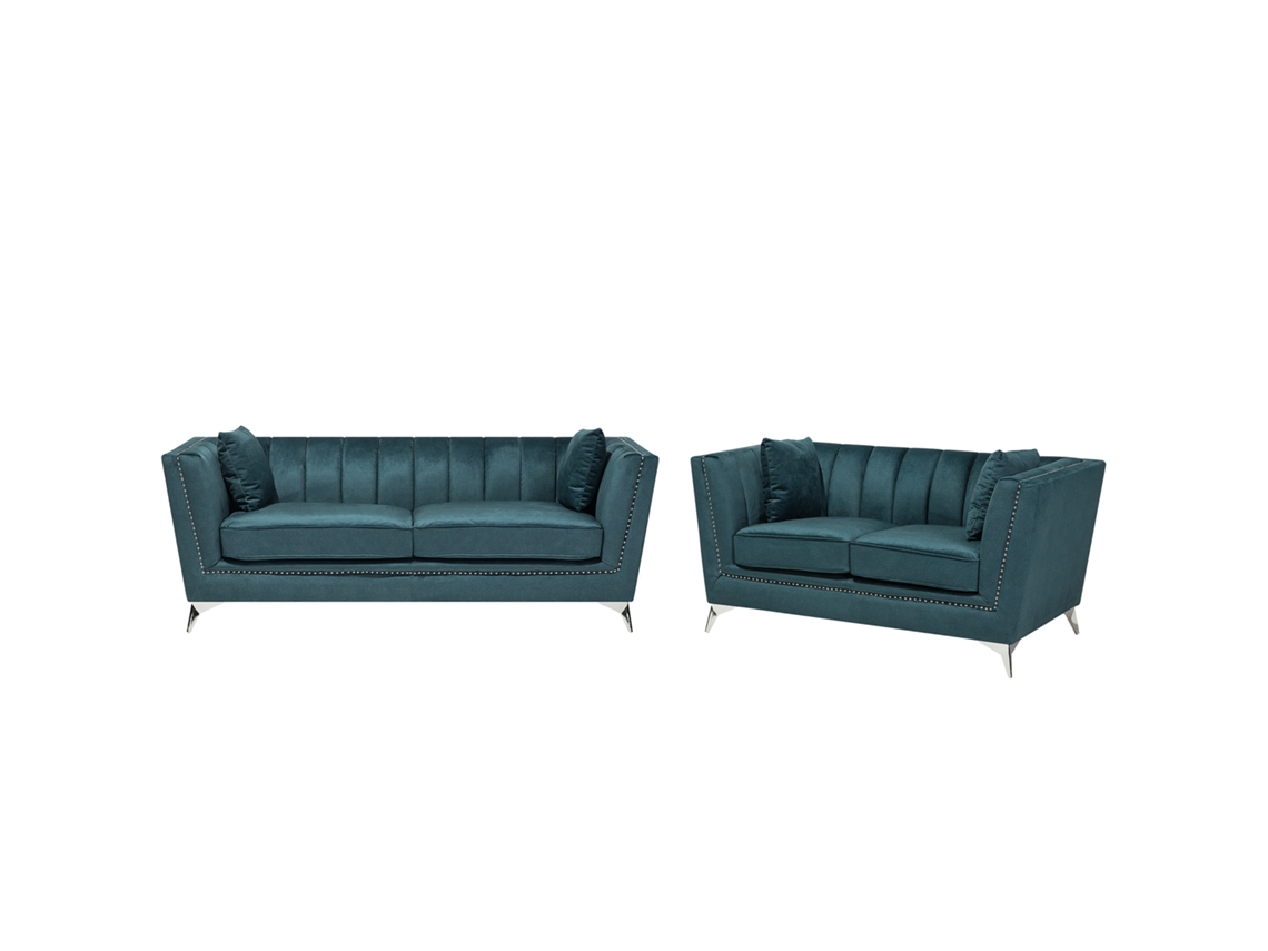 Conjunto De Sofás Generosamente Acolchoado Beliani Gaula De Veludo Azul Esverdeado 211x80x77