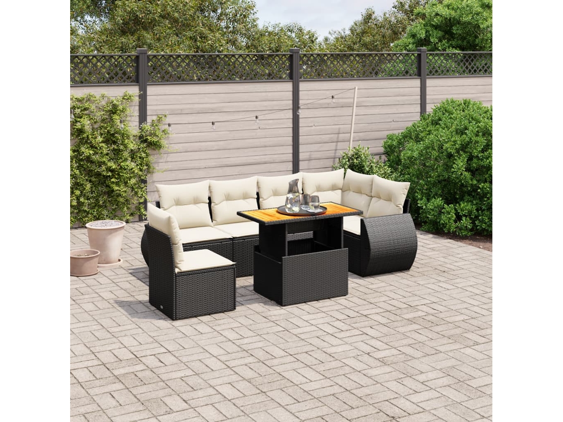 Jogo de Sofá 7 Peças P/ Jardim C/ Almofadões Vime Pe Preto Dkd Home Decor