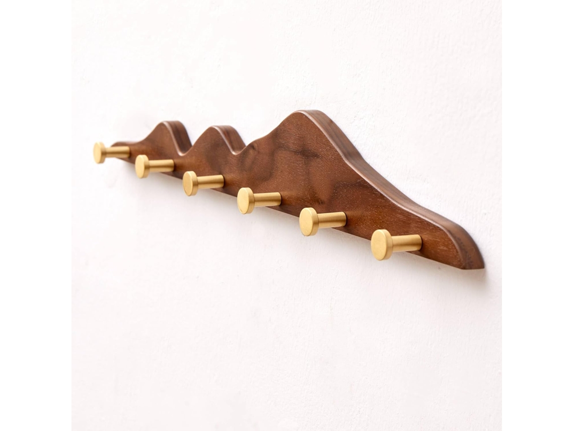 Cabideiro De Parede Com Ganchos Para Casacos - Cabideiro De Madeira Com 6 Ganchos De Latão Dourado, Cabideiro Decorativo Para Parede