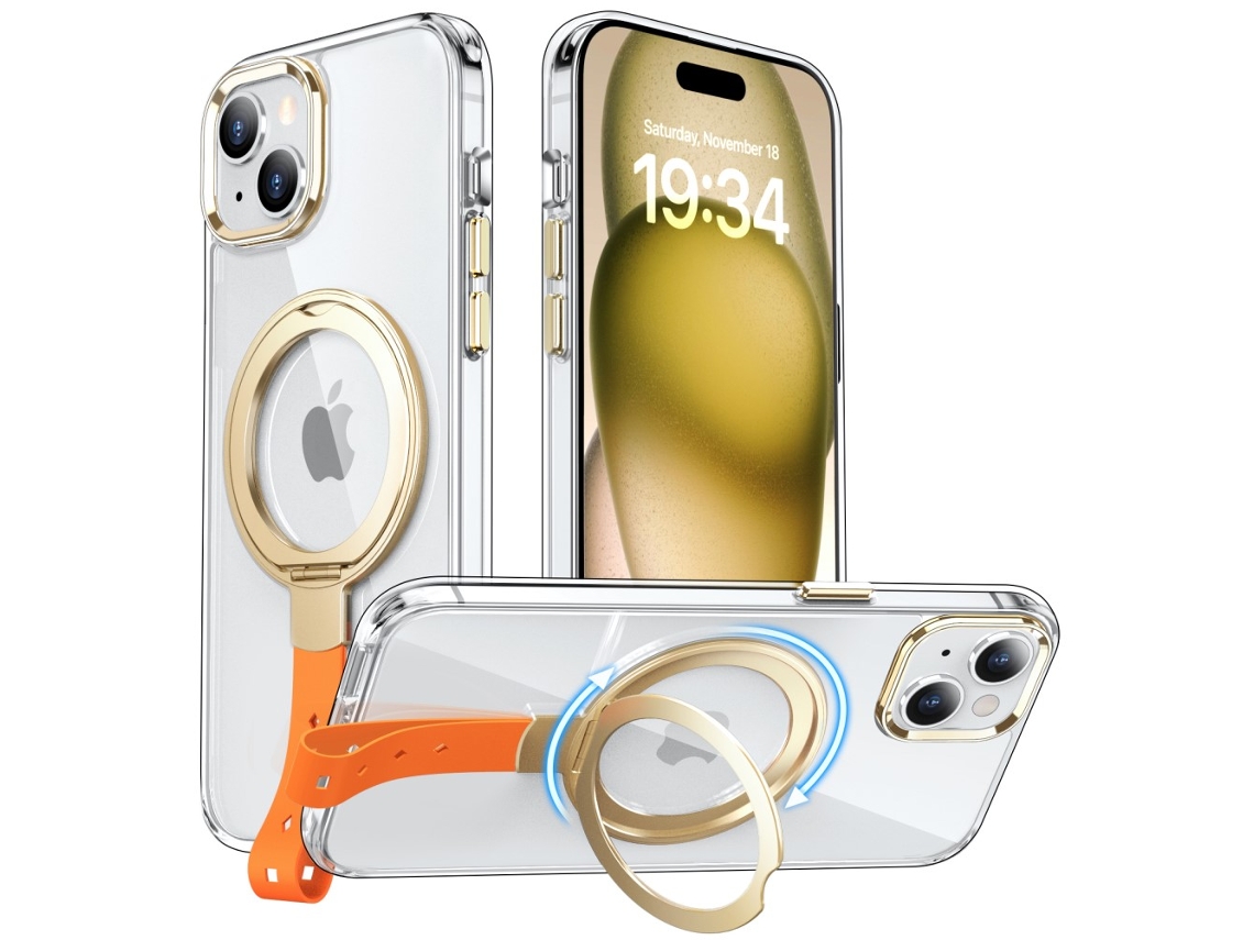 Suporte Casa Dourada Laranja Para Iphone 15 Plus Pele Sintética Anti-choque Magnética Transparente