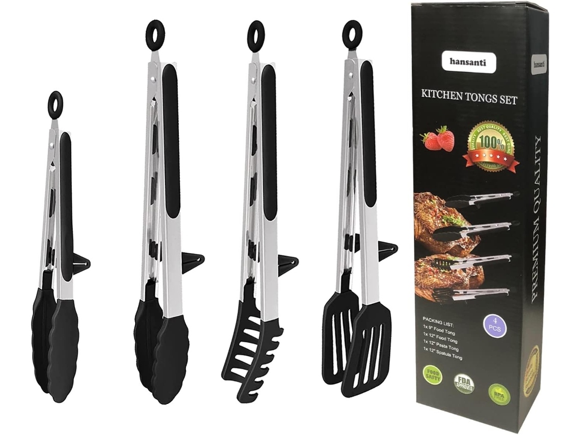 Conjunto De 4 Pinças Cozinha Antiaderentes Silicone Com Pontas Aço Inoxidável E Livre Bpa, Ideais Para Servir Massas