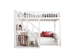 Beliche 90x200 Cm Com Escada E Armazenamento, Cama Infantil E Cama Alta Com Proteção, Madeira Branca Ycone