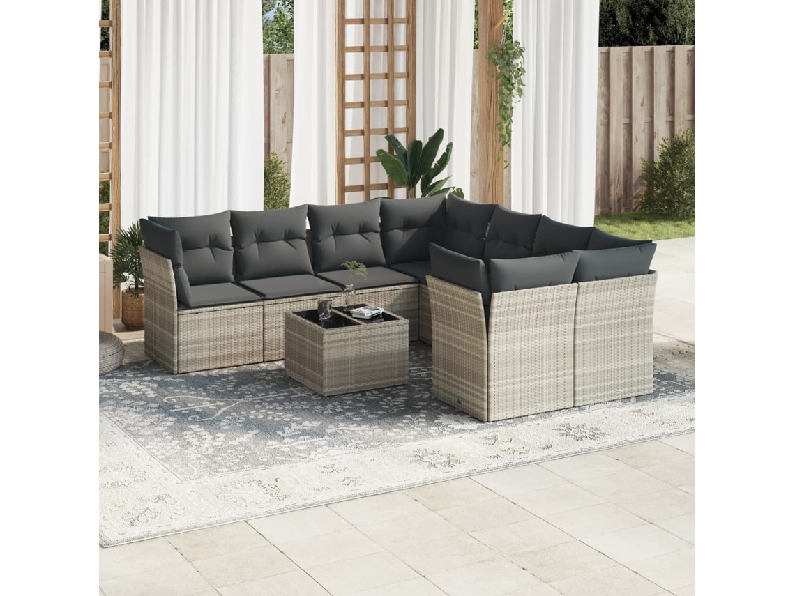 Vidaxl 9 Pcs Conj. Sofás Jardim Com Almofadões Vime Pe Cinzento-claro