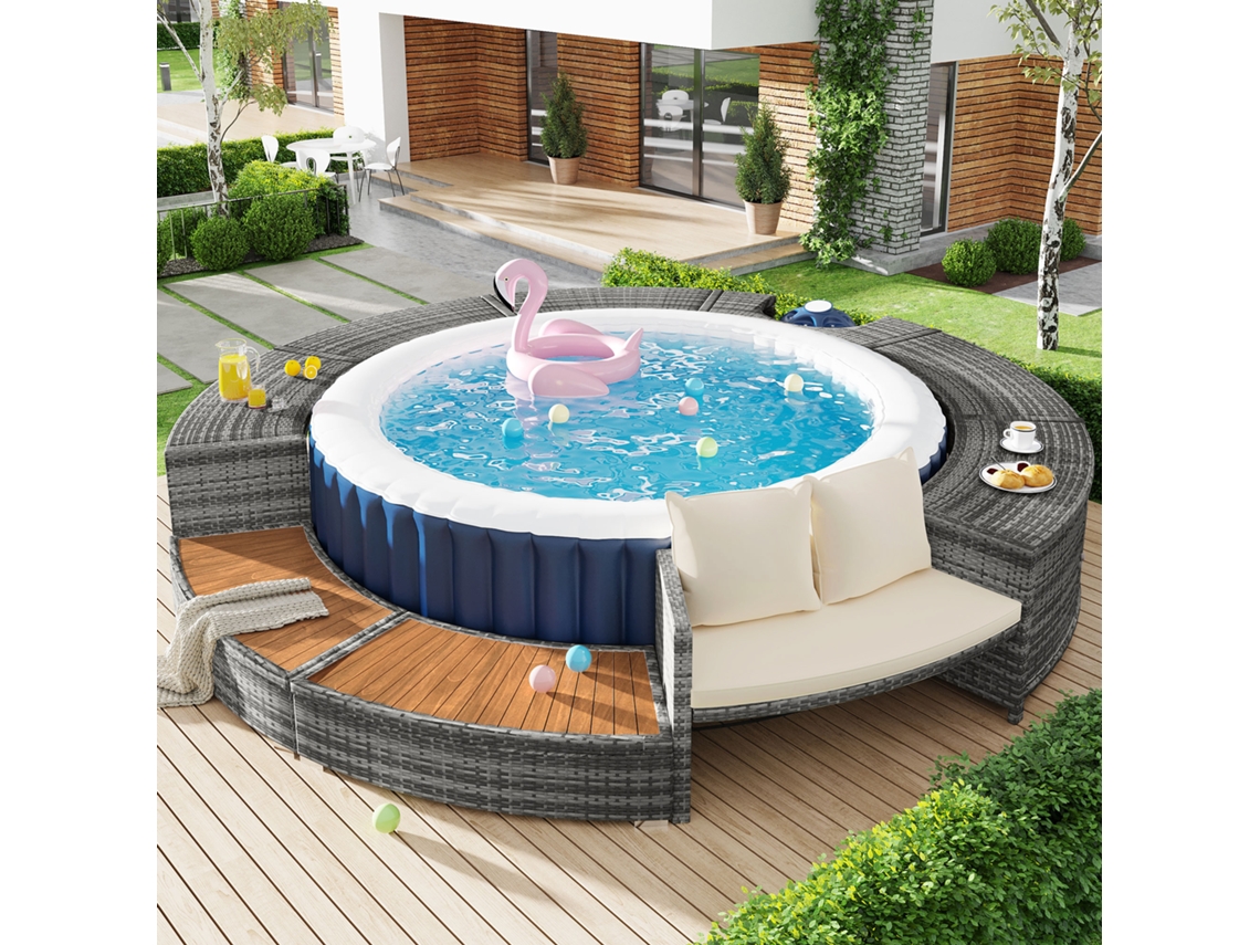 Conjunto de lounge para jardim com sofá redondo, conjunto de móveis para jardim, com pesos ajustáveis, incluindo almofadas.