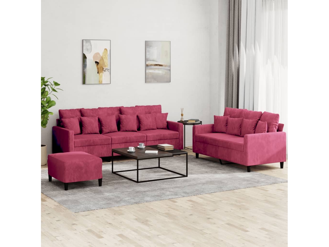 Vidaxl 3 Pcs Conjunto De Sofás Com Almofadões Veludo Vermelho Tinto