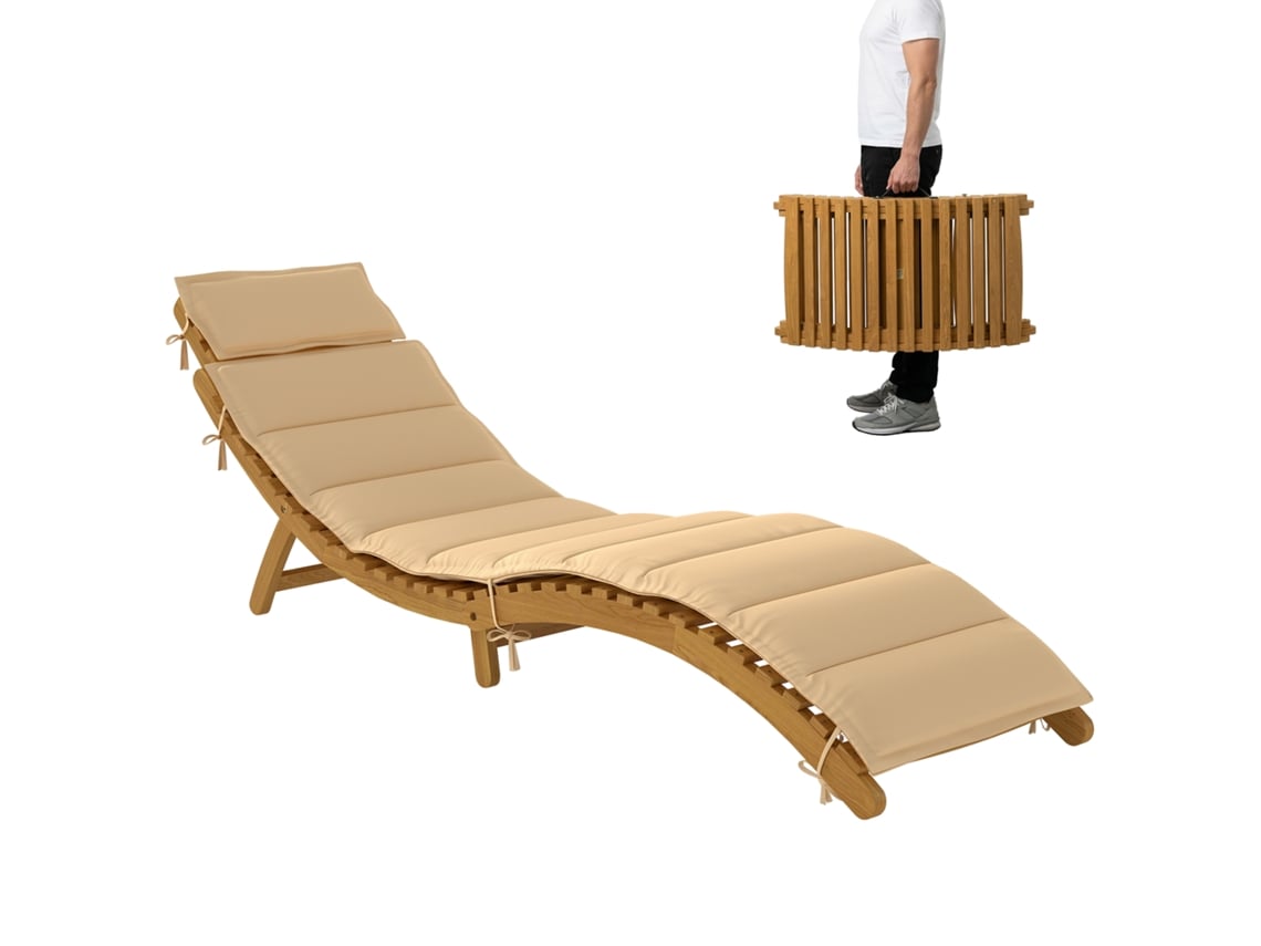 Espreguiçadeira Dobrável de Madeira de Acácia com Almofada e Pega de Transporte para Jardim e Terraço 183x54x63 Cm Bege PROFESIA BOYANG