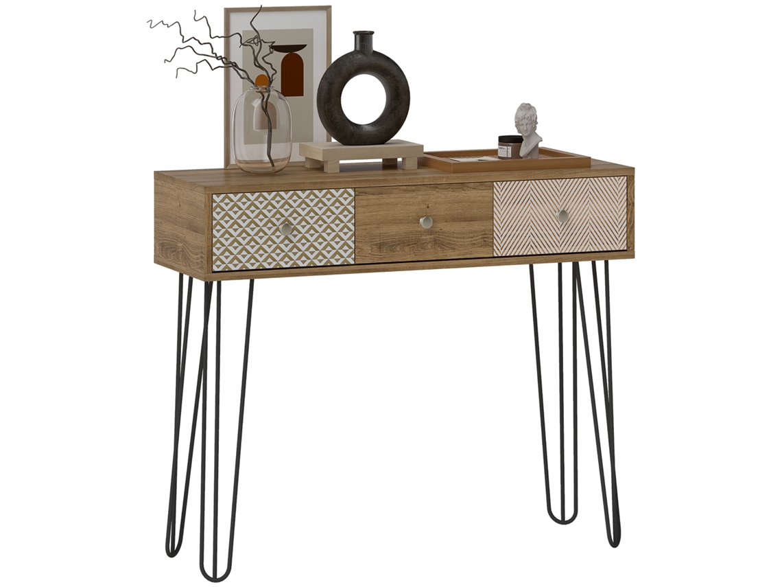 Mesa de console com 3 gavetas, pernas de aço, estilo boêmio, natural, S/MARCA