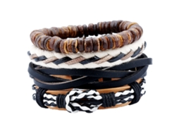 Pulseira Masculina 4 Peças Retro Estilo Couro E Linho Tecido
