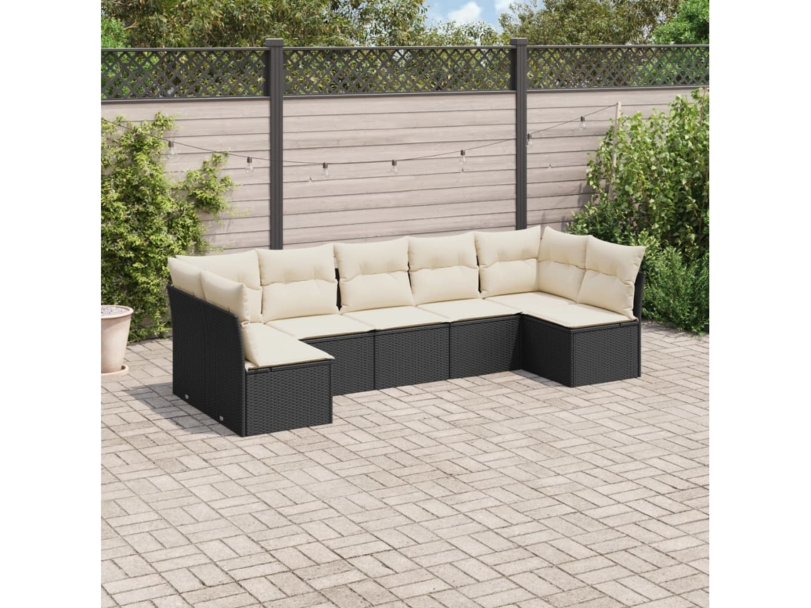 Jogo de Sofá 7 Peças P/ Jardim C/ Almofadões Vime Pe Preto Dkd Home Decor