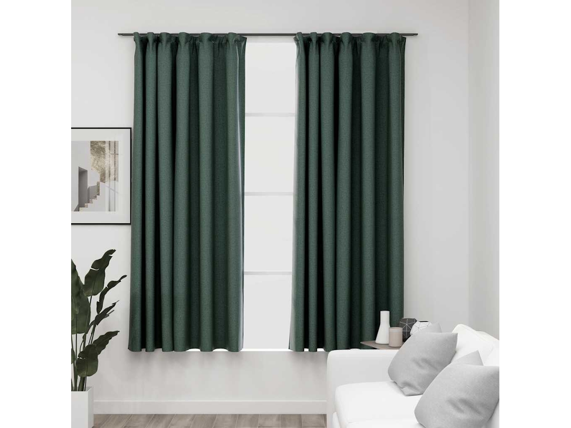 Vidaxl Cortinas Opacas Aspeto Linho C/ Ganchos 2 Pcs 140x175 Cm Verde