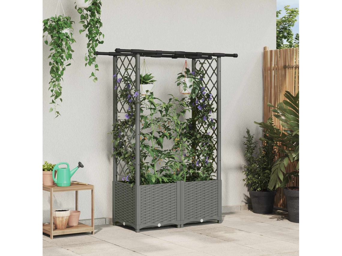 Vidaxl Cama Elevada com Treliça e Telhado Cinzento claro Pp