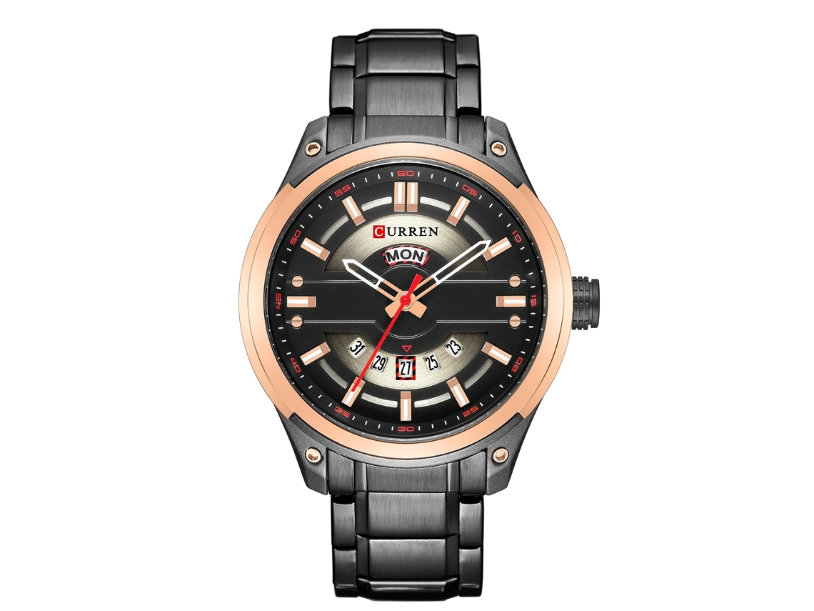 Relógio masculino Curren, aço inoxidável, resistente à água, quartzo, casual, pulseira preta, caixa em ouro rosa.