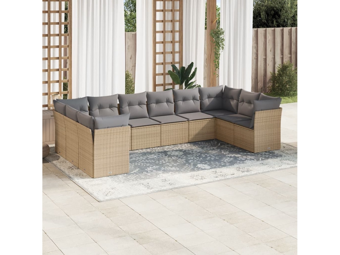 Vidaxl 10 Pcs Conjunto De Sofás P/ Jardim Com Almofadões Vime Pe Bege