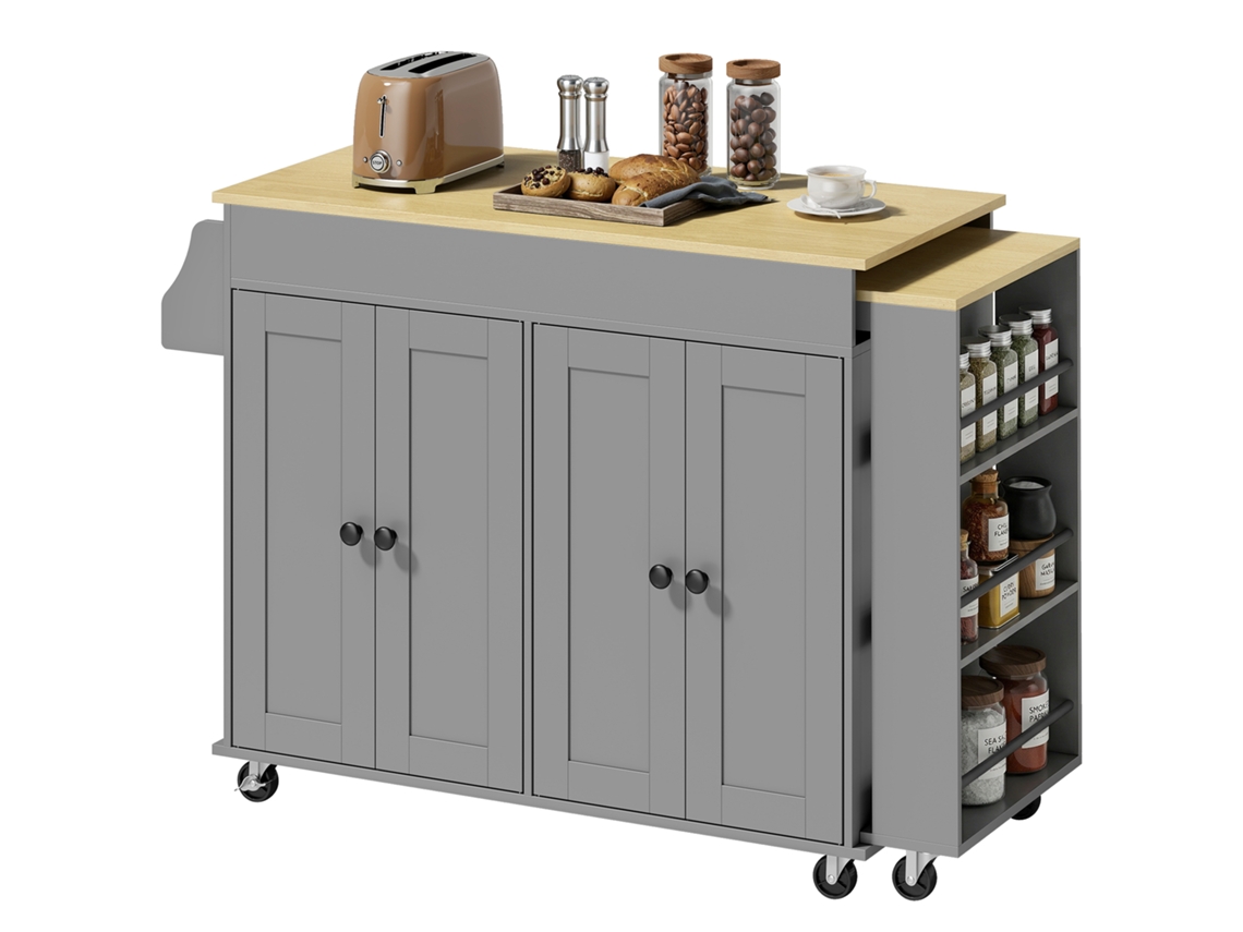 Ilha de Cozinha com Rodízios, Bancada Extensível, 4 Portas, Prateleiras Ajustáveis, Cinza ZENCORE SERVICES