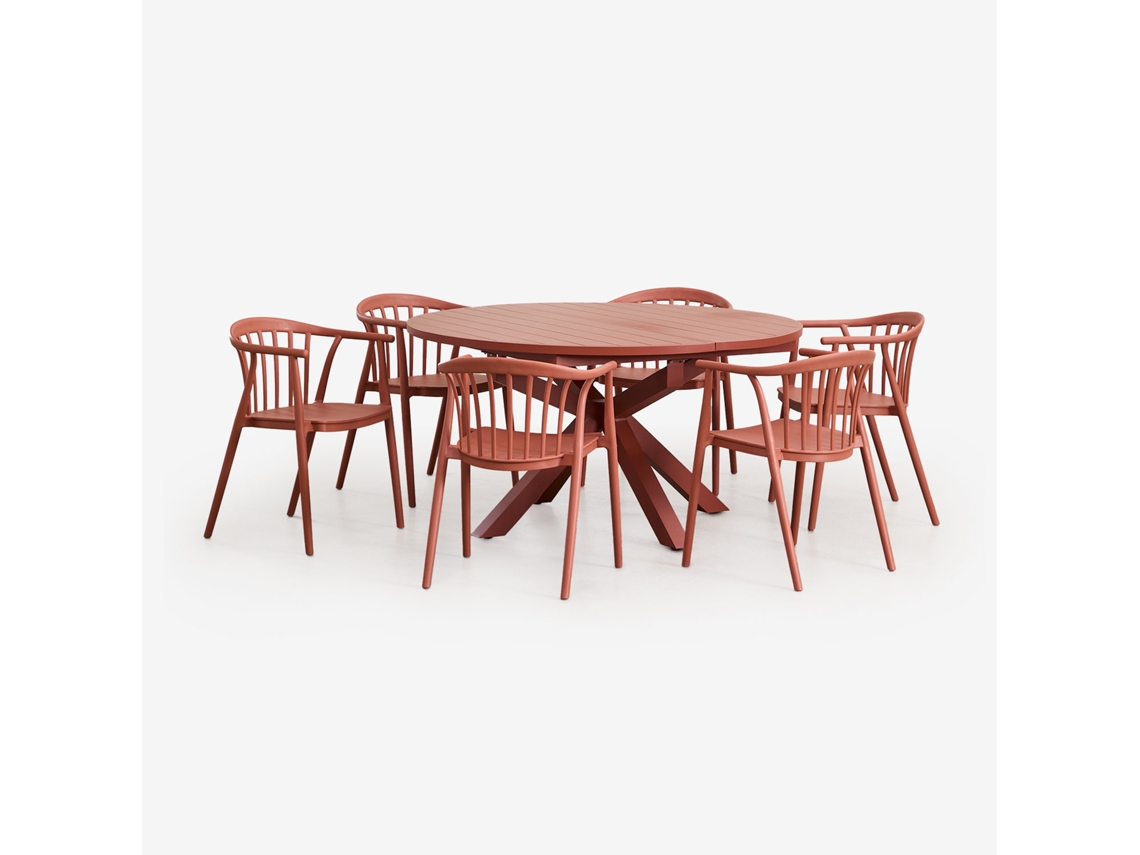 Conjunto De Mesa Extensível Redonda De 145 200x145 Cm Em Alumínio Barces E 6 Cadeiras De Jantar Empilháveis Com Braços Ivor Alumínio Terracota Sklum