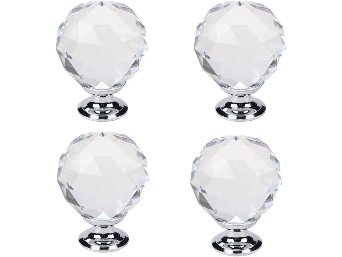 Conjunto De 4 Puxadores Cristal Com Furo Único, Formato De Bola, Para Portas De Guarda Roupa, Armários E Gavetas, Com