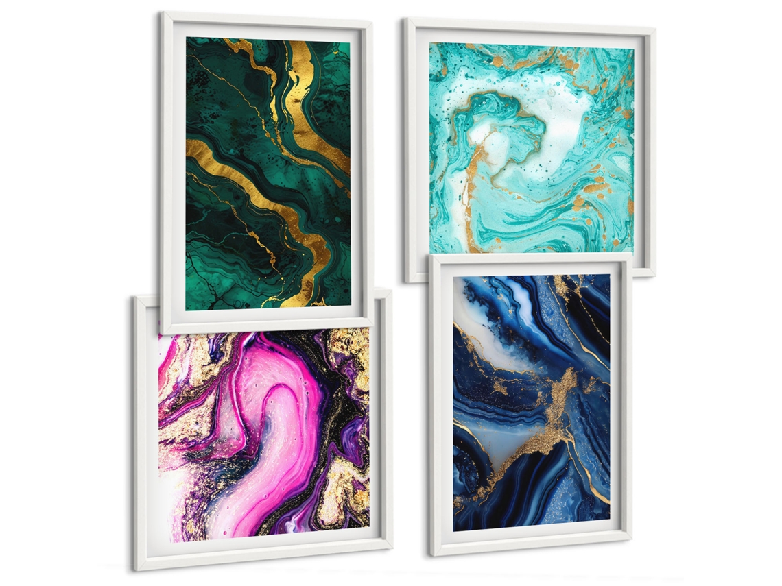 Pinturas Murais Modernas Padrões Abstratos De Rosas, Vegetação Moldura Branca Pinturas De Quarto Espelharte (conjunto De 4 Imagens)