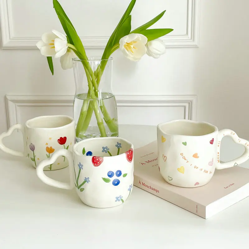 Caneca De Cerâmica Fofa Em Formato Coração, Estilo Coreano, Pintada À Mão Com Flores, Feita Irregular, Ideal Para Chá, Leite, Café Aquaforge