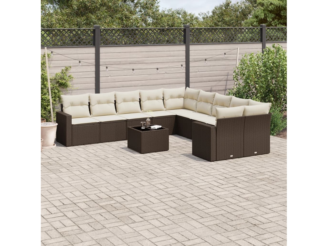 Jogo de Sofá Jardim 11 Peças C/ Almofadões Vime Pe Marrom Dkd Home Decor