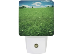 Luminária de parede LED noturna com acionamento automático, sensor crepuscular e design de grama verde, ideal para uso noturno.