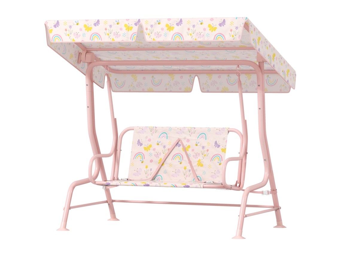 Baloiço De Jardim Para Crianças Com 2 Lugares Toldo Ajustável Cinto De Segurança E Desenho De Borboletas 112x75x120 Cm Rosa